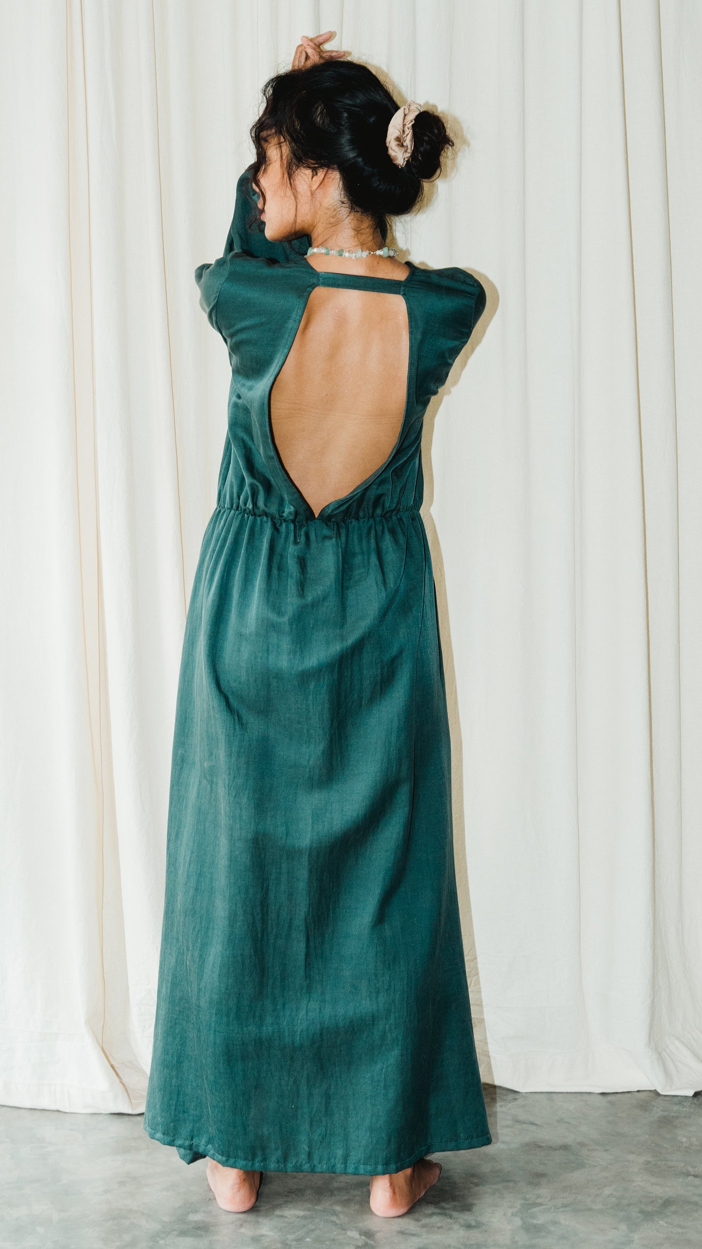 Balloon Sleeves Dress In Forest Green
