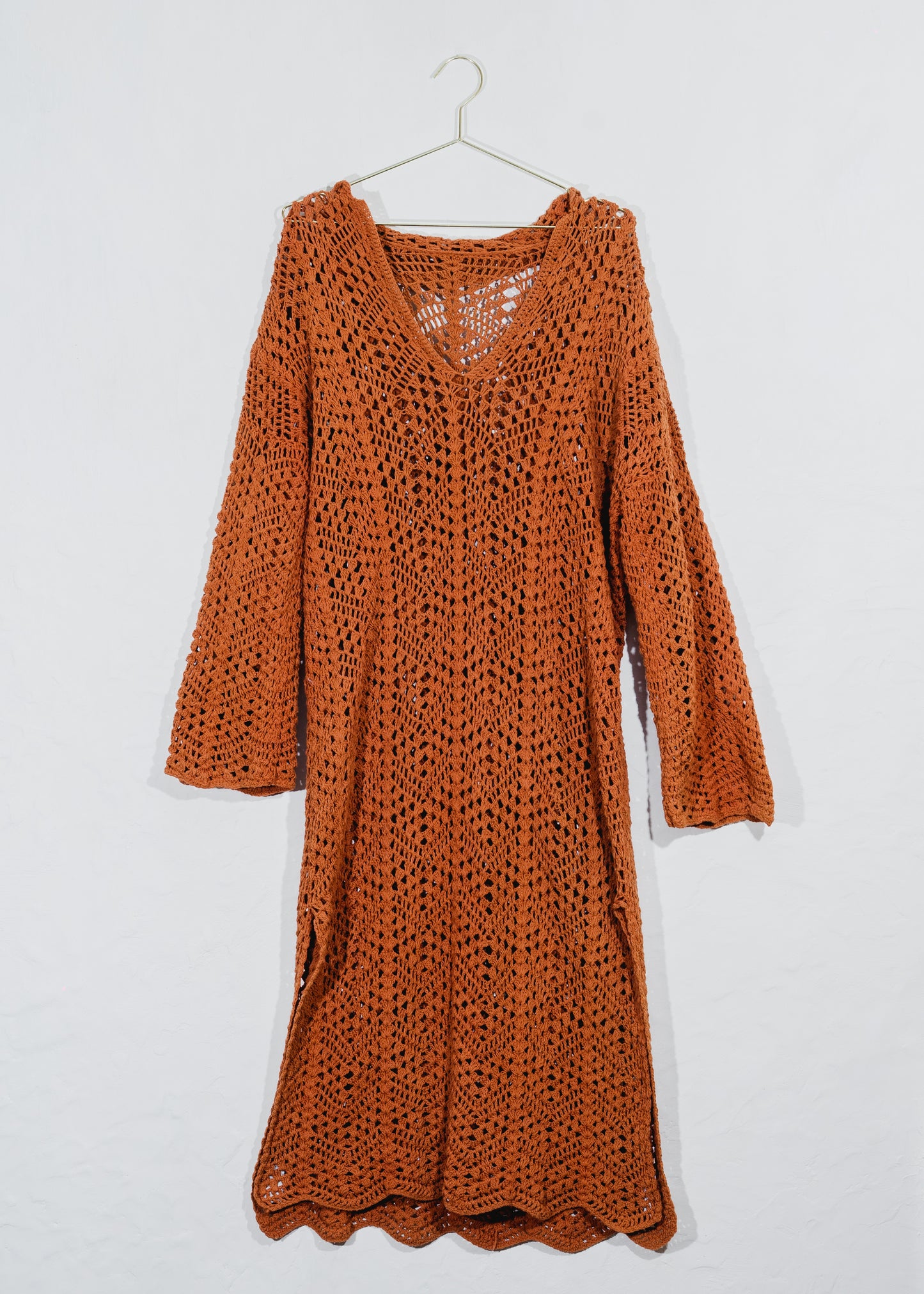 Hand Crochet Caftan in Cotton Rust Color
