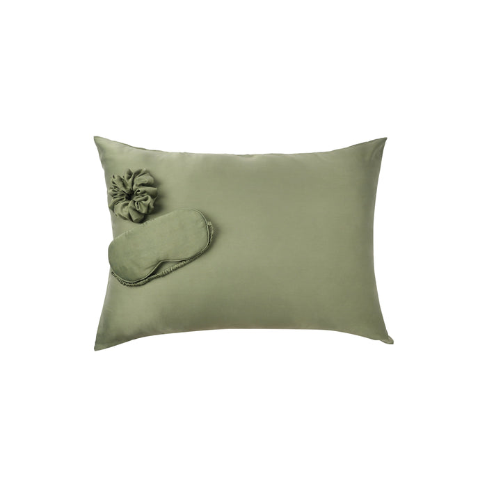 Plant-dyed mulberry silk pillowcase, face mask and scrunchie in Bark color, handmade in Bali