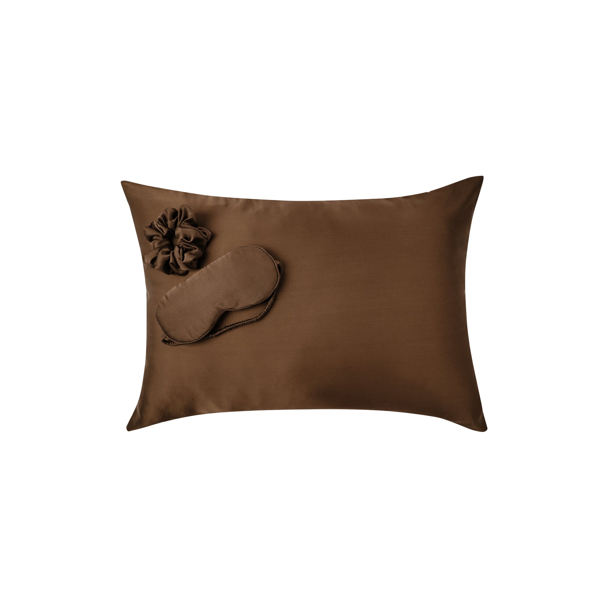 Plant-dyed mulberry silk pillowcase, face mask and scrunchie in Chaga color, handmade in Bali