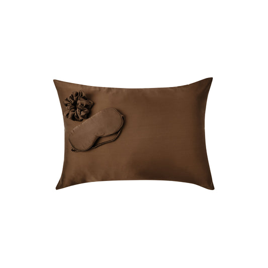 Plant-dyed mulberry silk pillowcase, face mask and scrunchie in Chaga color, handmade in Bali
