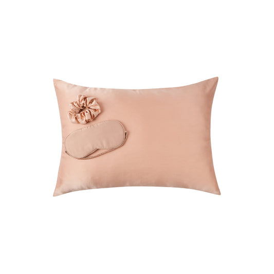 Plant-dyed mulberry silk pillowcase, face mask and scrunchie in Orchid color, handmade in Bali