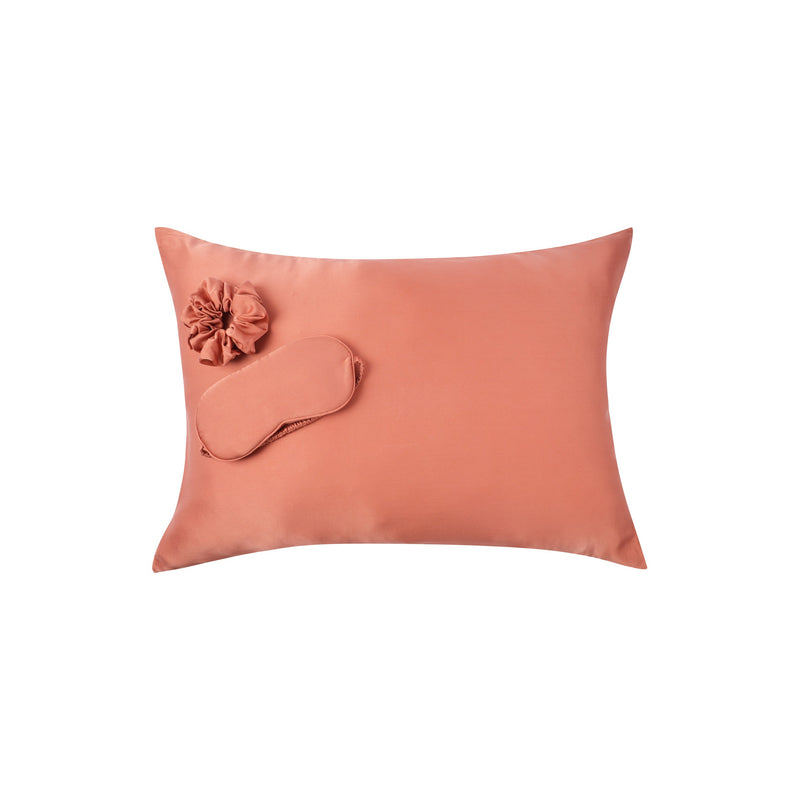 Plant-dyed mulberry silk pillowcase, face mask and scrunchie in Saffron color, handmade in Bali