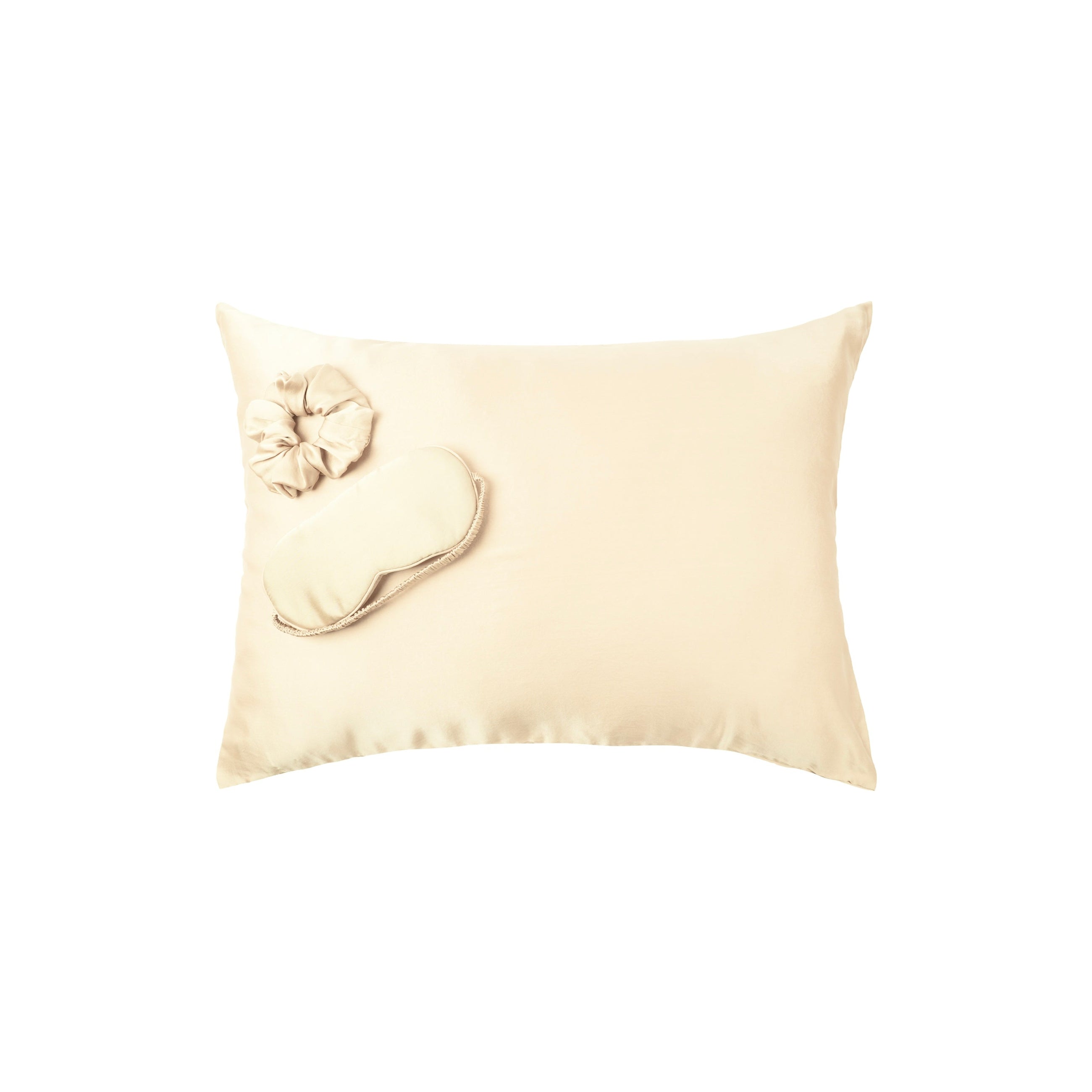 Plant-dyed mulberry silk pillowcase, face mask and scrunchie in Vanilla color, handmade in Bali