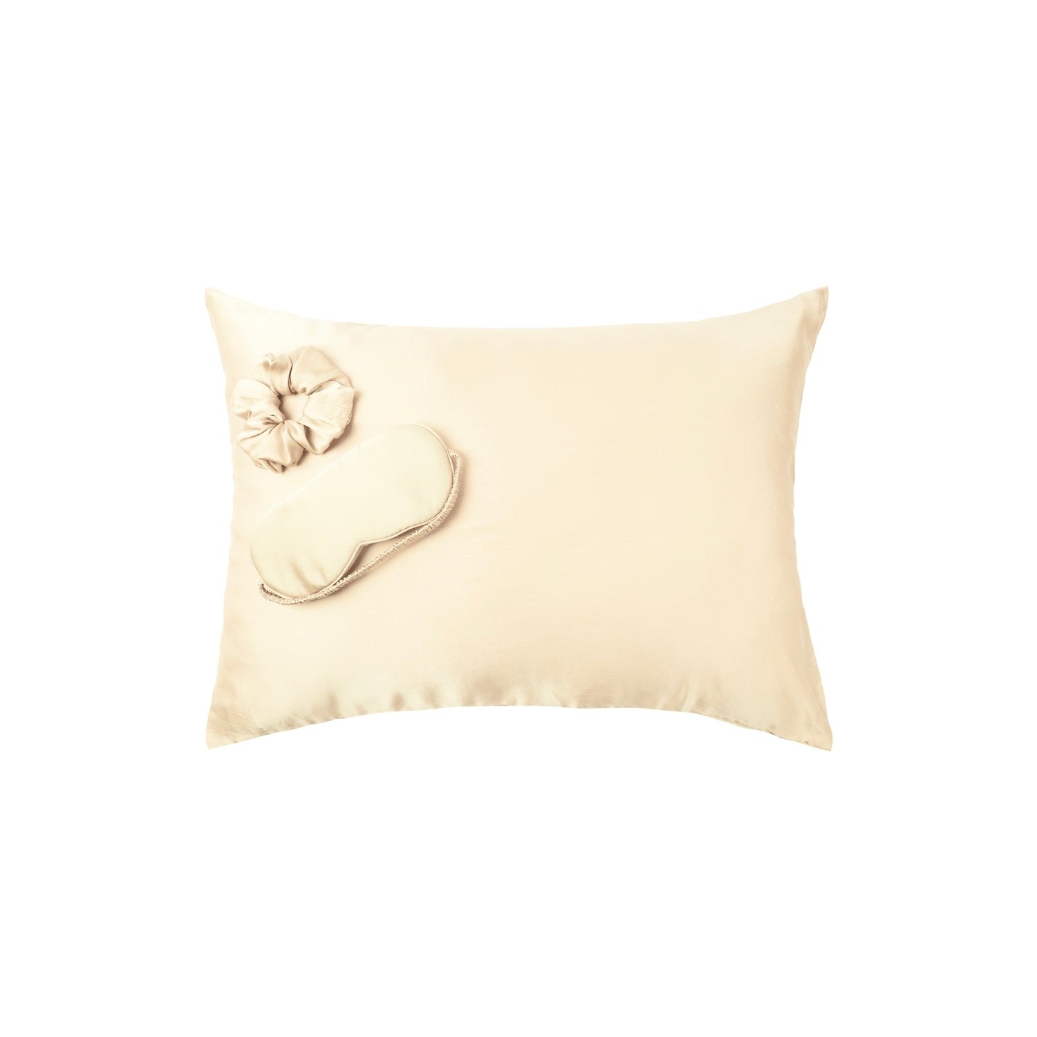 Plant-dyed mulberry silk pillowcase, face mask and scrunchie in Vanilla color, handmade in Bali